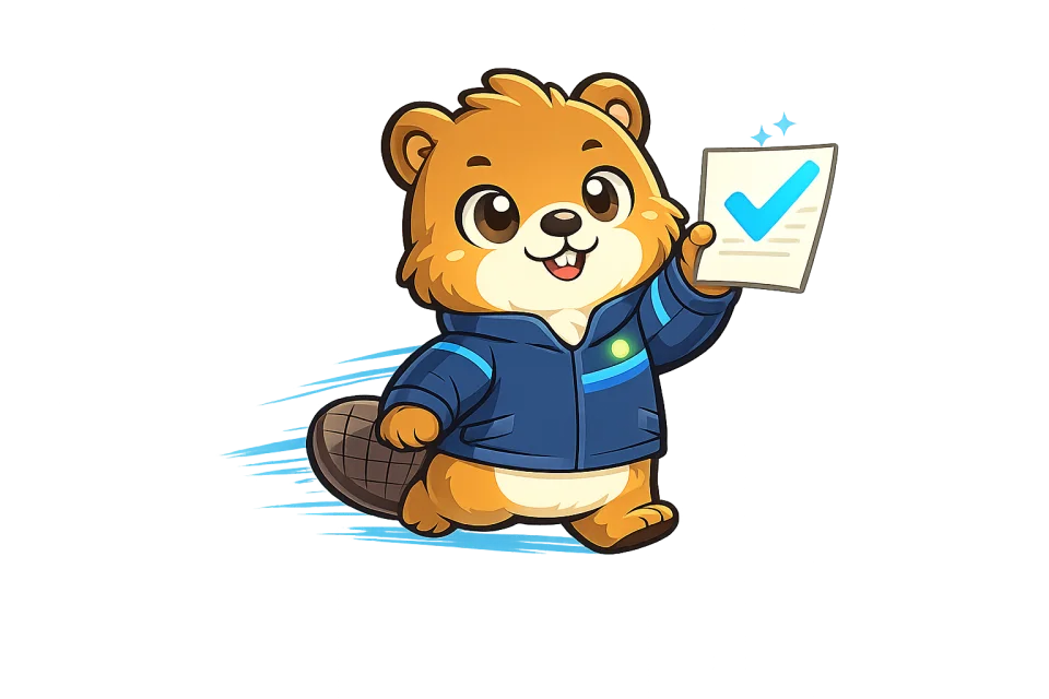 Mascotte castor présentant un devis validé