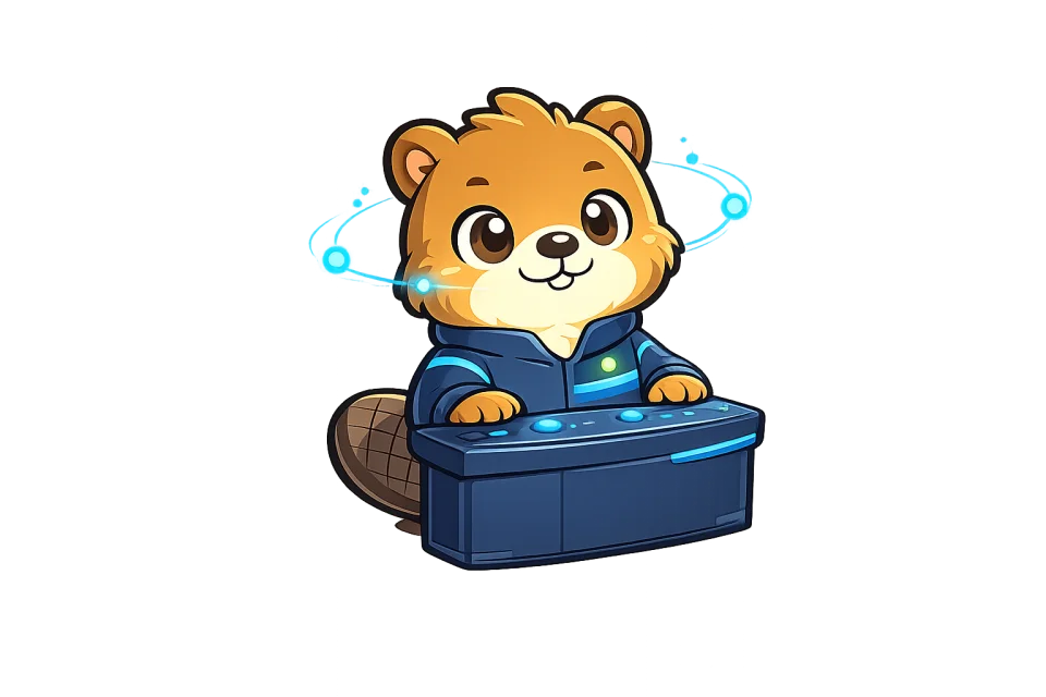 Mascotte castor pilotant un système d’automatisations IA actif
